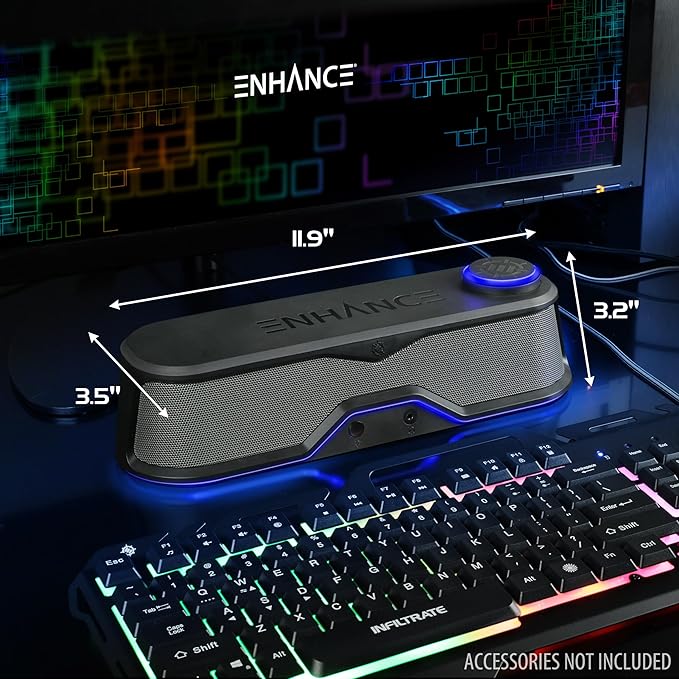 ENHANCE SB1 Computer Speakers High Excursion Soundbar - USB Powered Computer Sound Bar Under Monitor Speaker with 10W Peak LED Volume Control Knob Headset Pass Through Gaming Soundbar for PC