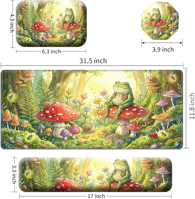 Large Gaming Mouse Pad + Memory Foam Ergonomic Keyboard Wrist Rest Support + Wrist Rest + Coaster Green Desk Decor Mat Stitched Edge Non Slip Desk Mat 4PC for Office &amp Home Cute Frog Kawaii