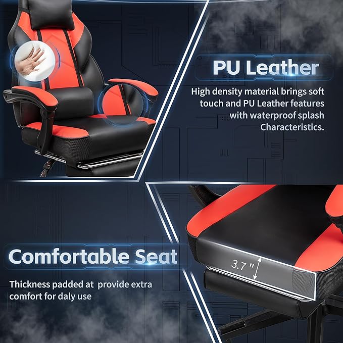Gaming Chairs for Adults Computer Chair with Footrest High Back Big and Tall Gamer Chair‘s with Massage Lumbar Support 360° Swivel Height Adjustable Computer Chaires Dark Red