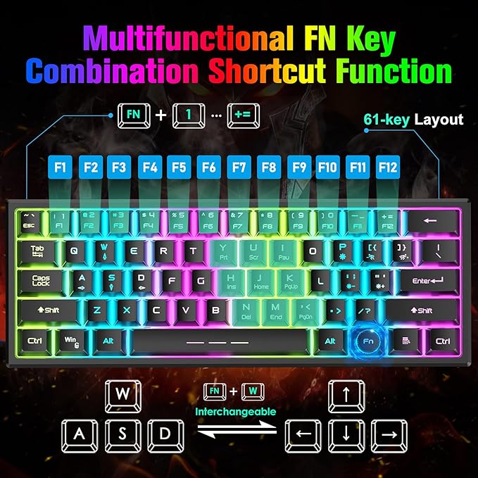 ZIYOU LANG T61 Wireless Gaming Keyboard and Mouse Combo with Ergonomic 61 Key Rainbow LED Backlight Anti-ghosting Mechanical Feel Rechargeable 4000mAh Battery Mouse Pad for PC MAC Gamer Typists(Black)