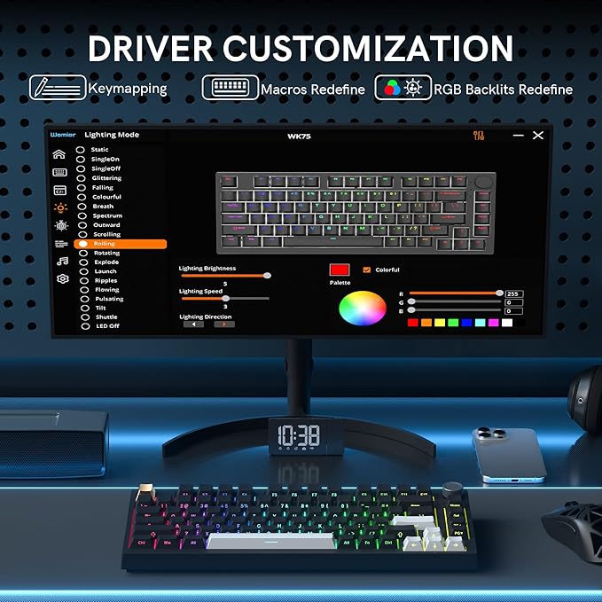 Keymatic Wireless Mechanical Keyboard75% Hot Swappable Custom Keyboard with KnobRGB BacklitSide Printed PBT Keycaps2.4GHz/USB-C/BT5.0 Mechanical Gaming Keyboards