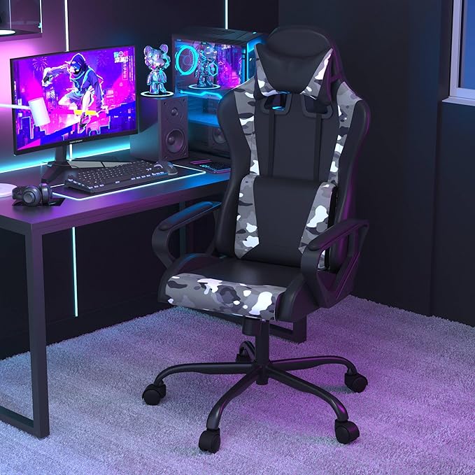 Gaming ChairSwivel Rolling Gaming Chair for AdultsErgonomic PC Gaming Chair CamoHeight Adjustable Computer ChairPU Leather Computer Chair with Headrest and Lumbar Support