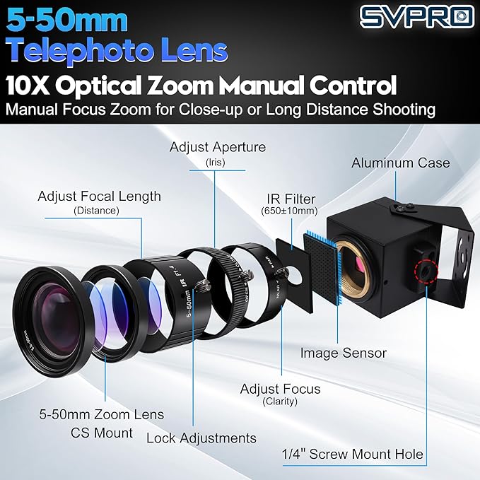 SVPRO 5MP 30FPS USB Camera with 5-50mm Telephoto Lens 10X Optical Zoom Manual Focus Webcam for Macro &amp Long Distance Low Light Computer Camera with IMX335 Sensor for Windows Mac-OS Linux Ando