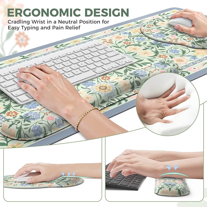 iCasso Desk Cover Mat Gaming Mouse Pad Wrist Support Set4in1 XXL Large Mousepad + Keyboard Wrist Rest+Mouse Wrist Rest+Coaster Set with Ergonomic Design for Home Office Table Computer(Green Flowers)