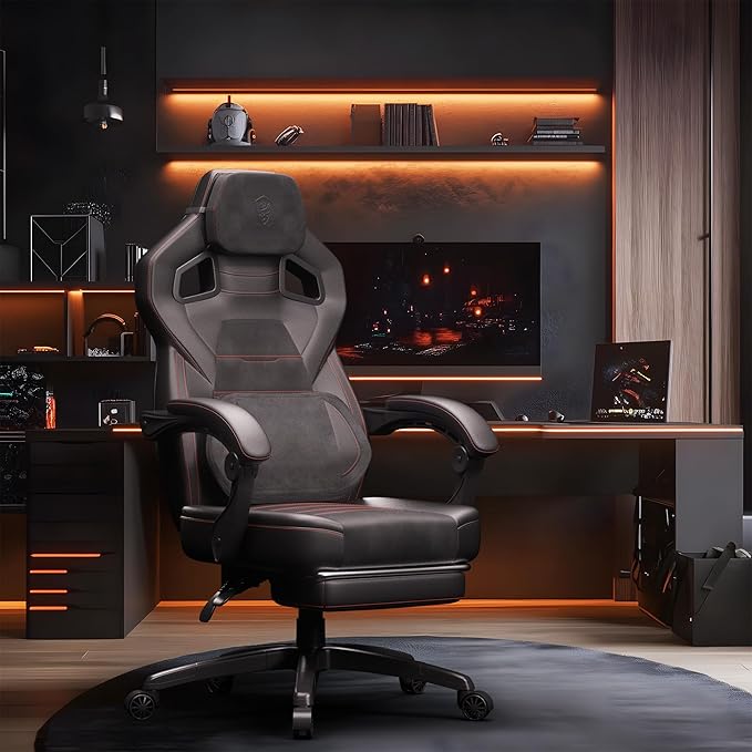 Dowinx PU Leather Gaming Chair with Footrest Big and Tall Ergonomic Computer Chair with Lumbar Support Wide Back Gamer Chair for Heavy People Black