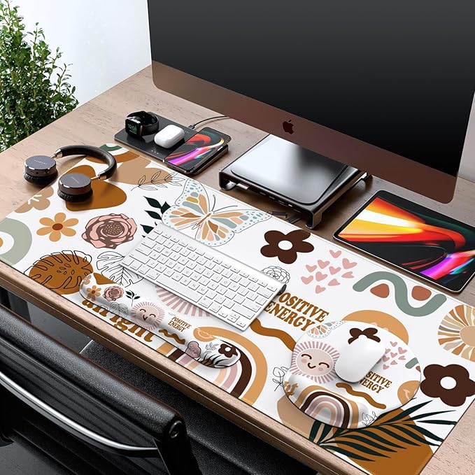 iCasso Desk Mat Gaming Mouse Pad Wrist Support Set4in1 XXL Large Mousepad + Keyboard Wrist Rest+Mouse Wrist Rest+Coaster Set with Ergonomic Design for Home Office Table Computer-Sticker