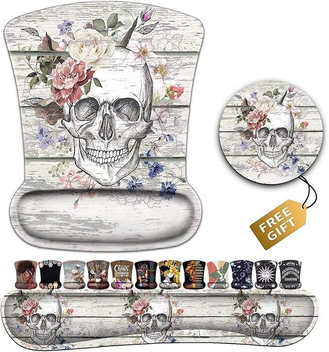 Mouse Pad with Wrist Support Ergonomic Gel Mouse Pad Memory Foam Keyboard Wrist Rest Suitable for Office Typing Games Desktop Decoration Pattern Design of Skull Skeleton Flowers on Vintage Wood