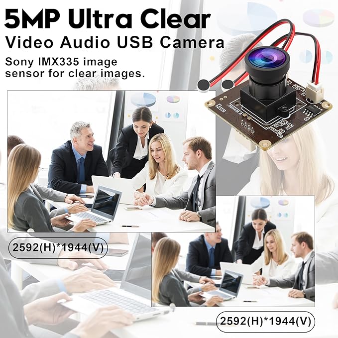 ELP 5MP USB Camera Module with Dual Microphone for Computer &amp Laser Engraver - 1944P USB Security Camera for Raspberry Pi (120 Low Distortion Lens)