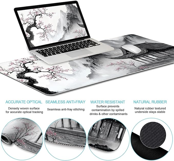 Japanese Ergonomic Mouse Pad Large Desk Mat Set XXL Anime Mousepad with Wrist Rest Wrist Support Gaming Keyboard Mat Cup Coaster Set Japanese Style Office Desk Accessories Decor