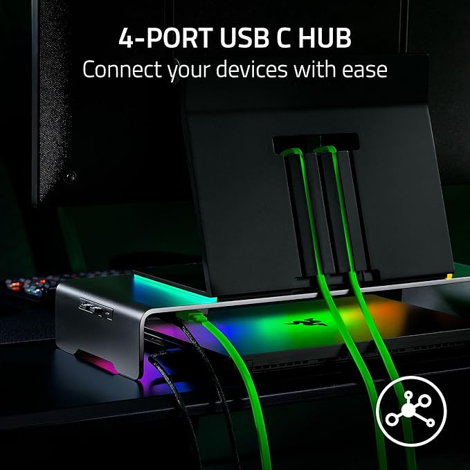 Razer Monitor Stand Chroma: 4 Port Hub - USB A 3.2 USB C 3.2 HDMI 2.0 - Ergonomic Height - Durable Aluminum Supports Up to 44 lbs - Organize Storage Shelf - Remappable RGB Buttons - Chroma RGB