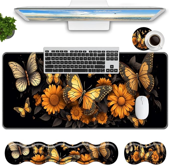 Keyboard Mouse Pad SetLarge Mouse Pad+Keyboard Wrist Rest+Wrist Support+Coaster31.5x11.8in Extended Desk Mat for Computer Laptop Office Home- Flower Butterfly