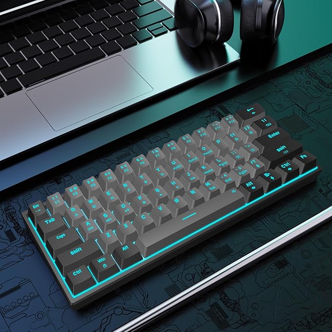 Snpurdiri 60% Wired Mechanical Gaming Keyboard Ice Blue LED Backlit 61 Keys Mini Wired Office Keyboard for Windows Laptop PC Mac (Black-Grey Red Switches)