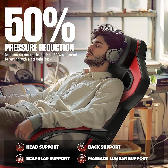 Dowinx Big and Tall Gaming Chair Red Modern High Back PU Leather Steel Frame Ergonomic Adjustable Headrest Footrest Massage Lumbar Support