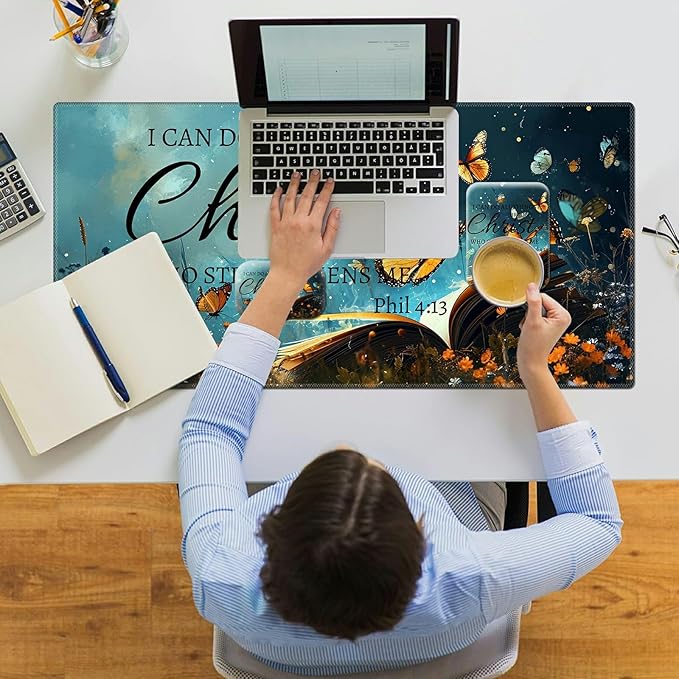Ergonomic Desk Pad Mat &amp Keyboard Wrist Rest Set 3-in-1 Office Mouse Pad with Memory Foam Support Non-Slip Computer Blotter for Home Gaming &amp Writing 23.6 x 11.8 Butterfly Bible 4-13