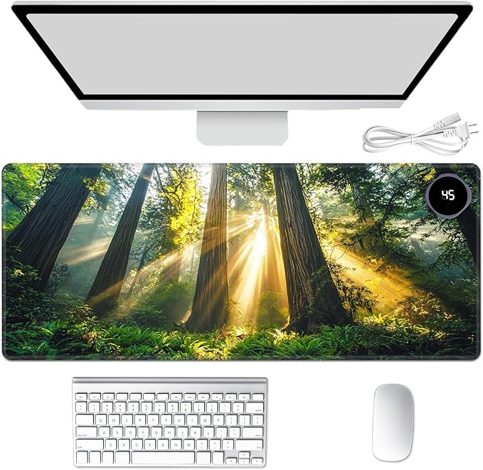 Heated Mouse Pad Hand Warmer Warm Desk Pad Mousepad Desk Mat with 3 Levels Heating and Auto Shut Down 31.5 x 13 inch PU Leather Warmer Keyboard Mat for Gaming Office Home Forest Tree Sunshine