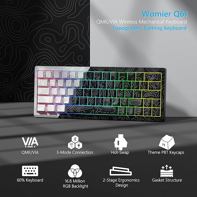 Womier Wireless Gaming Keyboard 60 Percent with QMK/VIA Topographic Creamy Mechanical Key Board RGB Custom Gasket Hot Swappable for Windows &amp Mac-POM Linear Switch (Q61)