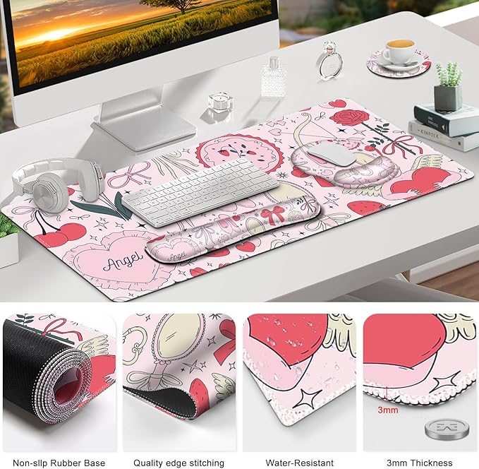 Gaming Mouse Pad Large Desk Mat Cute Desk Pad Protector 4in1 XXL Mousepad + Keyboard Wrist Rest+Mouse Wrist Rest+Coaster Set with Ergonomic Desk Pad for Home Office Computer Adorable Rose Bow