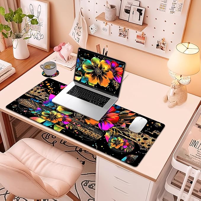 Large Mouse Pad + Keyboard Wrist Rest Set Extended Gaming Mousepad (31.5X11.8 inch) with Non-Slip Rubber Ergonomics Memory Foam Mouse Wrist Rest Support Glitter Flower Black XXL Desk Pad