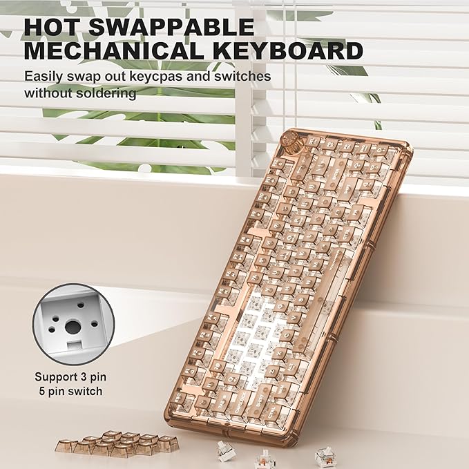 Transparent Mechanical Keyboard 80-Key RGB Backlit Wireless Gaming Keyboards Hot Swap Customizable Clear Acrylic Design Quiet Linear Switches 3 Modes BT5.0/2.4G/USB-C 4000mAh Battery (Brown)