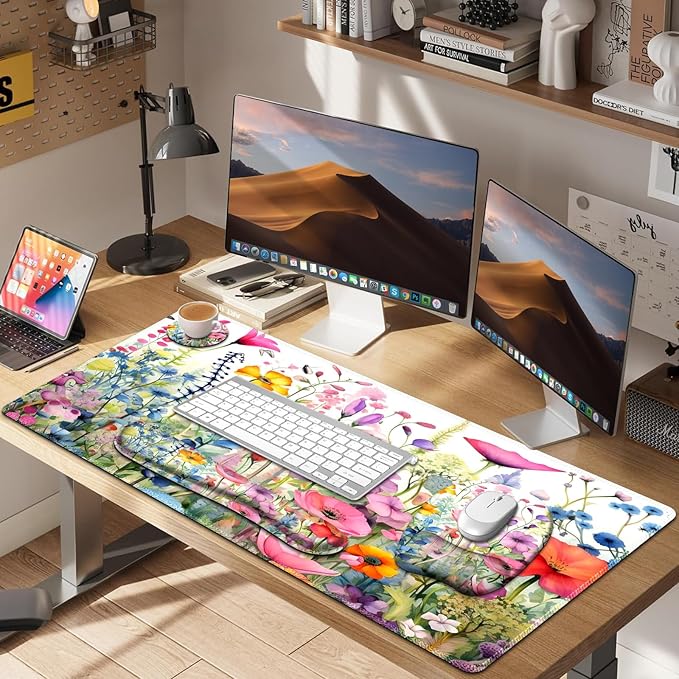 Large Mouse Pad with Wrist Support 4in1 Set XXL Game Mousepad +Keyboard Wrist Rest+Mouse Wrist Rest+Coaster Ergonomic Design Gaming Mat for Home Office Table Computer I Gorgeous Rose Plants