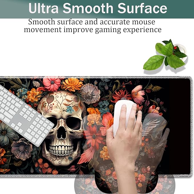 Large Game Mouse Pad + Wrist Support Pad + Coffee Coaster Desk Pad with Sewn Edges Anti-Slip Set pad Suitable for Office Work and Home - Skeleton Flower Skull