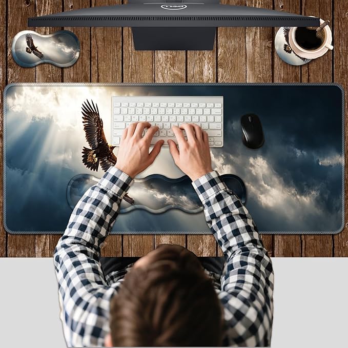 Ergonomic Keyboard Wrist Rest &amp Mouse Pad Wrist Rest SetXL Gaming Desk Mat 31.5x 11.8Non-Slip BaseMemory FoamEasy Typing Pain Relief for Office &amp HomeEagle Flying