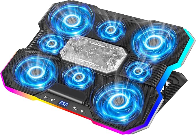 Gaming Laptop Cooling Pad with 10-Color RGB &amp 5-Speed Dual Cooling - Semiconductor &amp Fan Cooling System 7-Height Adjustable Stand for up to 21 Laptops