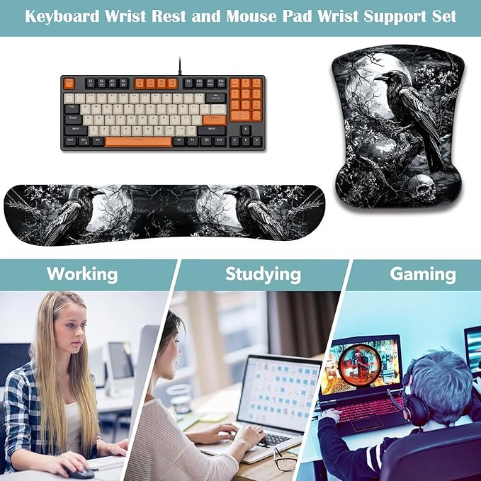 Mouse Wrist Rest and Keyboard Wrist Rest Pad+ Coaster Set Non-Slip Rubber Base Smooth Surface Ergonomic Gaming Mouse Pad for Easy Typing and Pain Relief Crow Skull