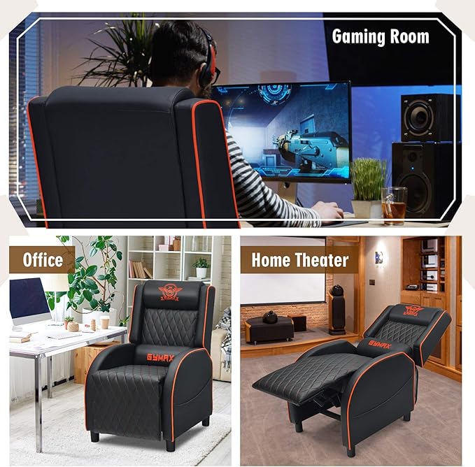 GYMAX Massage Gaming Recliner Chair Ergonomic Racing Style Single Sofa with Adjustable Headrest Backrest &amp Footrest Home Theater Sofa for Living Room Office (Orange)