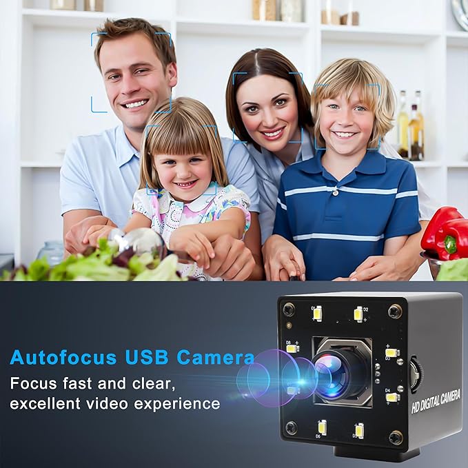 USB Camera 4K Autofocus Webcam High Resolution UHD 2160P Camera with 8pcs White LEDs100°No Distortion Lens Webcamera with IMX415 Sensor30fps Plug and Play Web Cam for Video Conference
