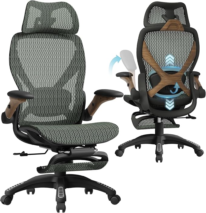 ELABEST X100 Ergonomic Mesh Office Chair with Footrest Big and Tall Hone Desk Chair with 5D Flip-Up Arms Adjustable 3D Lumbar SupportGaming &amp Executive Computer Chairs
