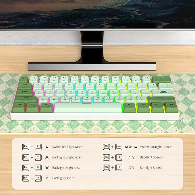 60% Mechanical Keyboard - Compact Gaming Keyboard with RGB Backlit 61 Green Switch Keys USB Wired for Windows Mac Laptop PC