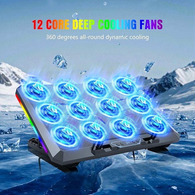 Laptop Cooling Pad with 12 Quiet Fans Slim Portable for 12-17.3 Inch Laptop Cooler Stand RGB Lighting with 5 Height Adjustable Gaming Cooling Fan Pad USB/Type-C &amp Phone Holder (LCD)