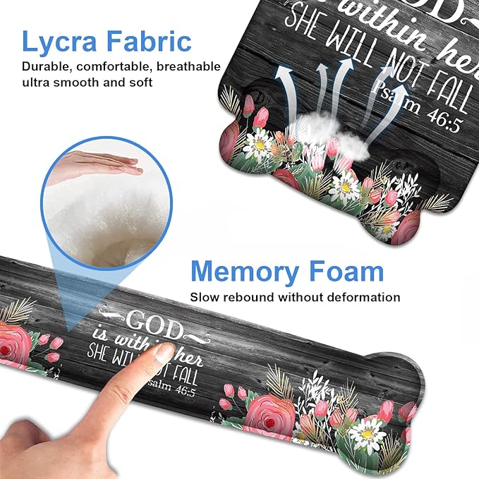 Wrist Rest Support Ergonomic Gel Mouse Pad &amp Memory Foam Keyboard Set Non-Slip Rubber PU Base for Home Office Working Studying Easy Typing &amp Pain Relief - Floral Quote Bible Verses Psalm 46:5