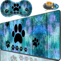 3 Piece Mouse Pad Set with Stitched Edge Large Anti-Slip Mouse Pad Desk Pad Keyboard Pad + Wrist Rest Pad + Coaster Memory Foam Wrist Rest for Office/Home -Antique Blue Wood Grain Dog Paw