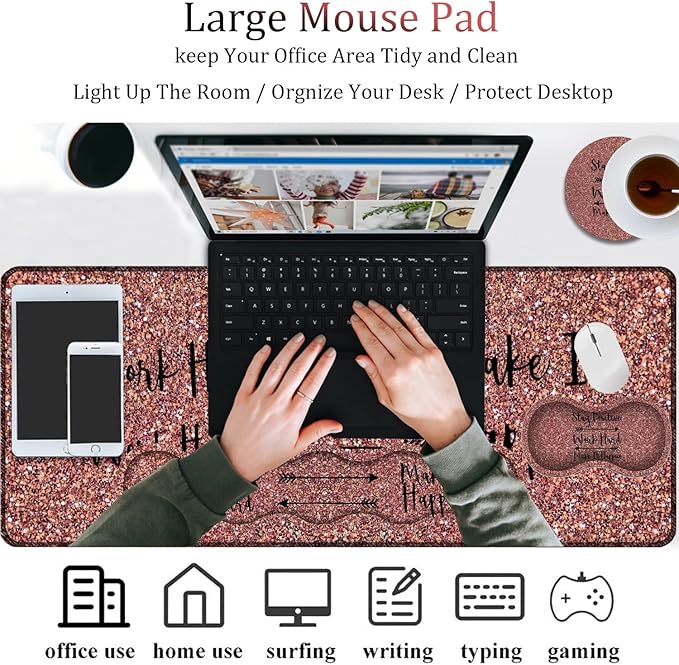 Large Gaming Mouse Pad + Keyboard Wrist Support + Mouse Wrist Rest + Coaster Table Pad with Stitched Edge Memory Foam Ergonomic Wrist Pad Set Stay Positive Work Hard and Make It Happen