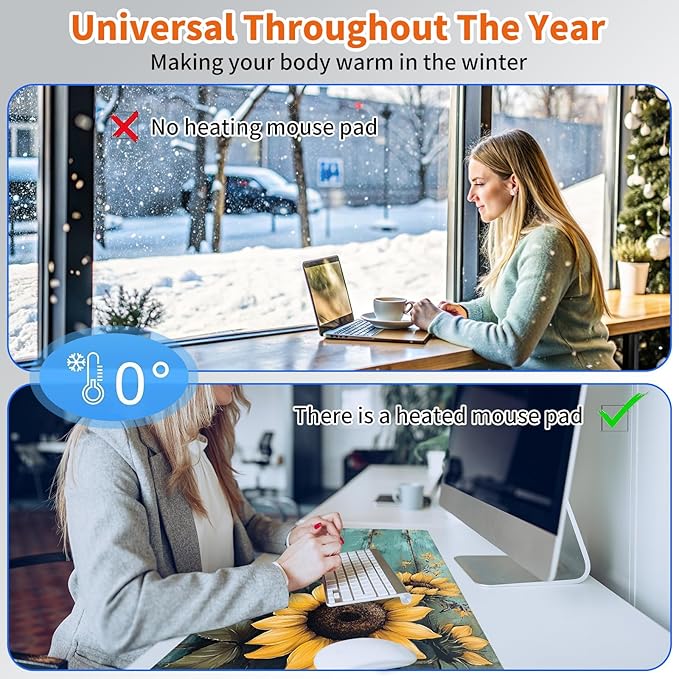 Heated Mouse PadWarm Desk Pad with 3 Levels Heating &amp 3 Hours Auto Shut-Off PU Leather Heated Desk Pad Warmer Pad for Home Office - 31.5 x 13 inchSunflower Blue Wood Grain