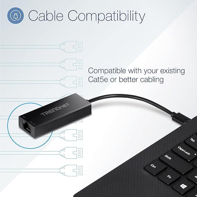 TRENDnet USB-C 3.1 to 2.5GBASE-T Ethernet Adapter TUC-ET2G NDAA &amp TAA Compliant Windows &amp Mac Compatible USB Type-C to USB-A Converter Included Up to 2.5Gbps Speeds Black