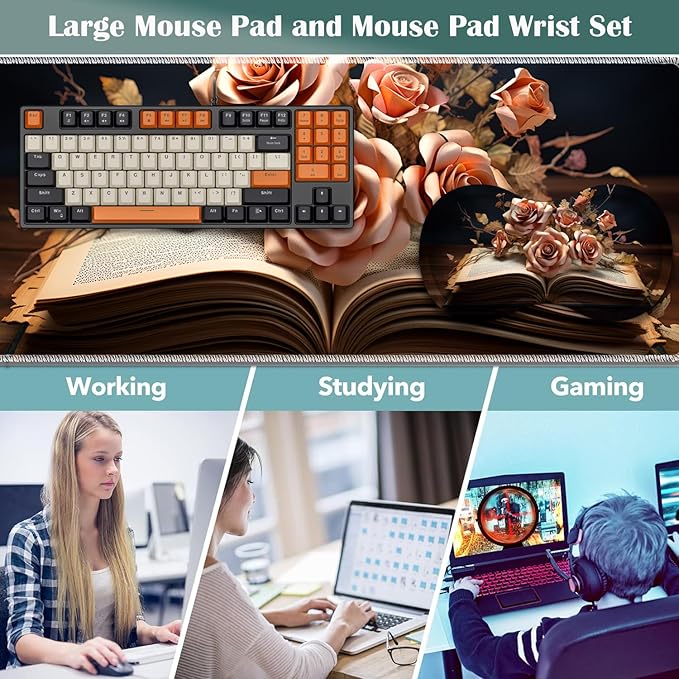 Large Game Mouse Pad + Wrist Support Pad + Coffee Coaster Desk Pad with Sewn Edges Anti-Slip Set pad Suitable for Office Work and Home - Flower Book