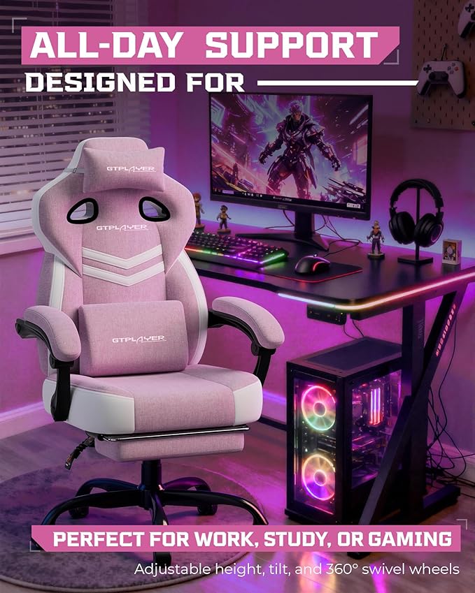 GTPLAYER Gaming Chair Computer Chair with Footrest and Lumbar Support for Adults 360°-Swivel Big &amp Tall Reclining Seat for Office or Gaming (Pink)