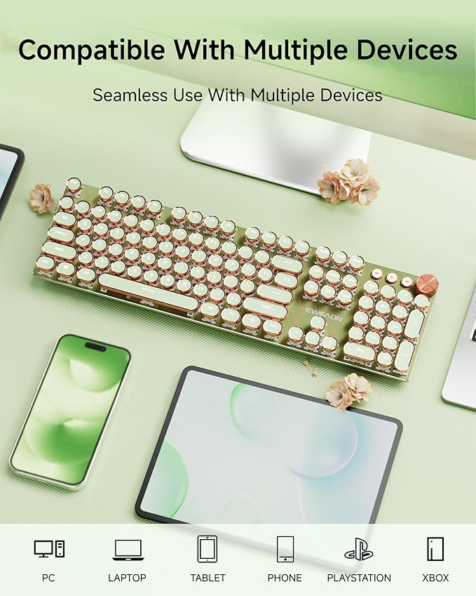 EWEADN V20 Typewriter Keyboard Wireless 104 Keys Typewriter Style Mechanical with White Backlit Media Knob Pink Switch 2.4G/Bluetooth/USB-C Wired Retro Full Size Keyboard for Windows/Mac/PC-Green