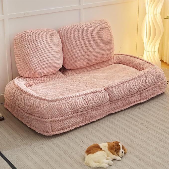 Floor Chair with Back Support Folding Sofa Chair with 5 Adjustable Position Plush Floor Gaming Chair Meditation Chair for Lazy Boys Human Dog Bed for Living Room Bedroom Lounge Pink