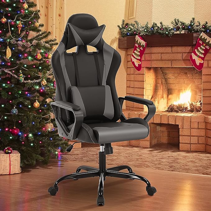 BLKMTY Gaming Chair Video Game Ergonomic Office Racing Computer PU Leather Chair - High Back Executive Task with Lumbar Support Headrest Swivel Chairs Grey