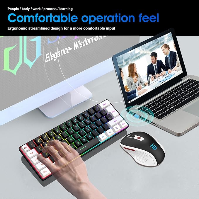 Snpurdiri 2.4G Wireless Gaming Keyboard and Mouse Combo Include Small 60% Merchanical Feel Keyboard Ergonomic Design Mini Wireless Mouse(White and Black)