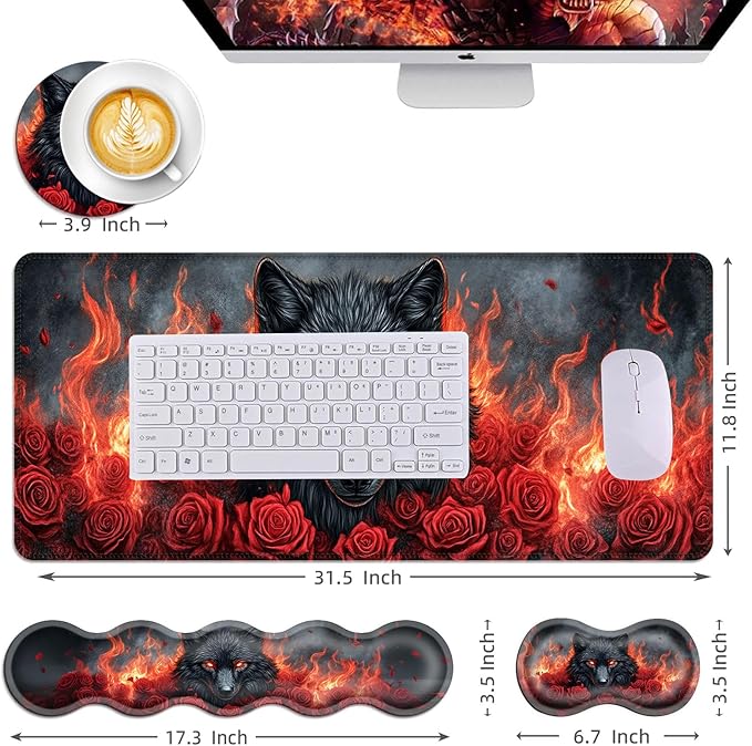 Mouse PadLarge Desk Mat Set 4in1 XL Mousepad + Keyboard Wrist Rest+Mouse Wrist Rest+Coaster with Ergonomic Desk Pad for Home Office Table Computer Cover -Wolf with Roses and Flames