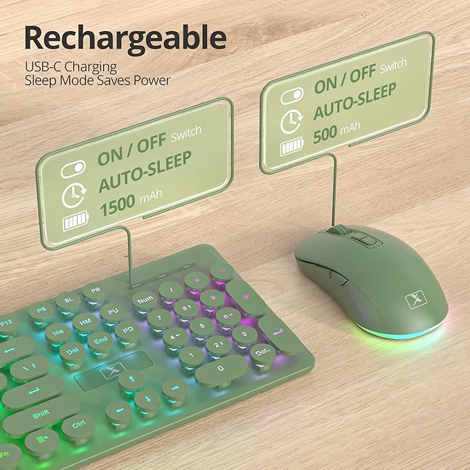 Backlit Wireless Keyboard and Mouse 2.4GHz Light Up Typewriter Rechargeable Cordless Quiet Keyboard with USB Receiver for PC/Laptop(Dark Green)