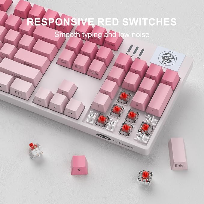 MageGee MK-Storm Mechanical Gaming Keyboard 104 Keys Wired Light Up Keyboard with Linear Red Switch RGB Backlit Side-Printed Keycaps N-Key Rollover for Laptop Desktop PC (Gradient Pink)