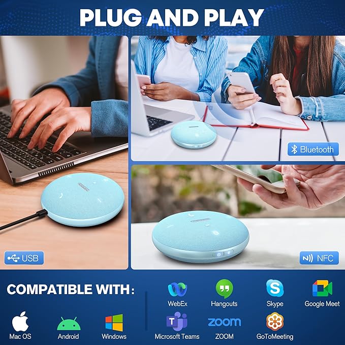Bluetooth Conference Speakerphone M4 with AI Noise Reduction AI Summaries AI Transcription with 60-Language Support 13FT 360° Voice Pickup10-Hour Battery Life for Zoom and Teams Blue