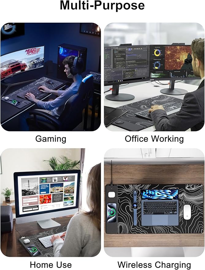 TopMade Mouse Pad with 15W Fast Wireless Charging 31.5x15.75 XXL Large Gaming Waterproof Desk Pad Computer Desk Mat Black Topographic Map #2 (Includes 20W PD Power Adapter &amp 6.56ft Woven Cabl