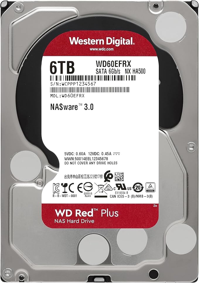 Western Digital 6TB WD Red Plus NAS Internal Hard Drive HDD - 5400 RPM SATA 6 Gb/s CMR 64 MB Cache 3.5 - WD60EFRX